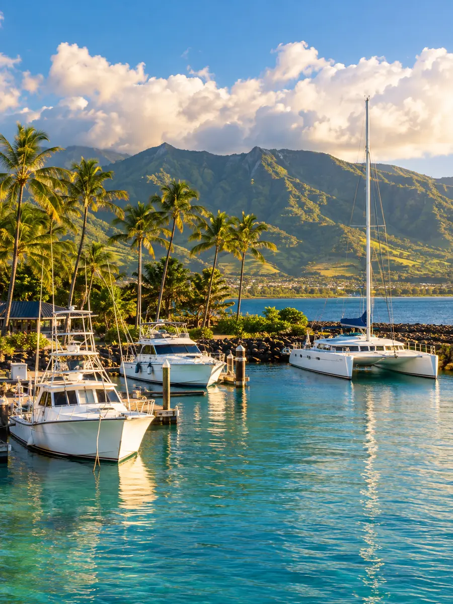 Barche da charter bianche ormeggiate in un porto soleggiato di Maui sotto montagne verdi